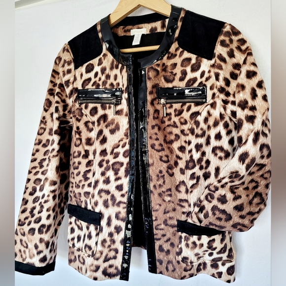 Chico's Matilda Women's Animal Print Jacket with Patent Leather Trim Size 1/ Med - Picture 9 of 15